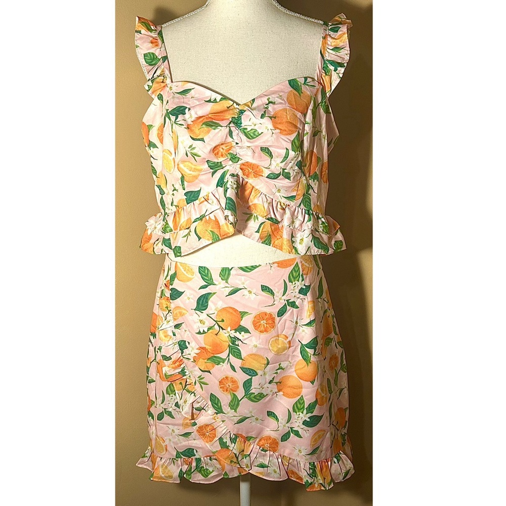 NEW Size M/L Eighteen Muse 2 Piece Ruffled Coquette Satin Crop Top Skirt Set